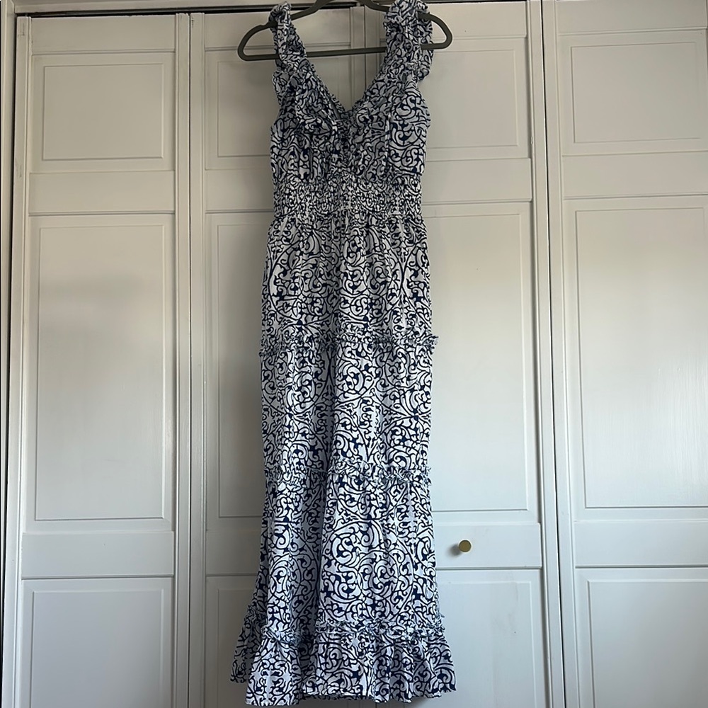 Caroline Costas Sz Sm Blue & White and White Maxi Dress